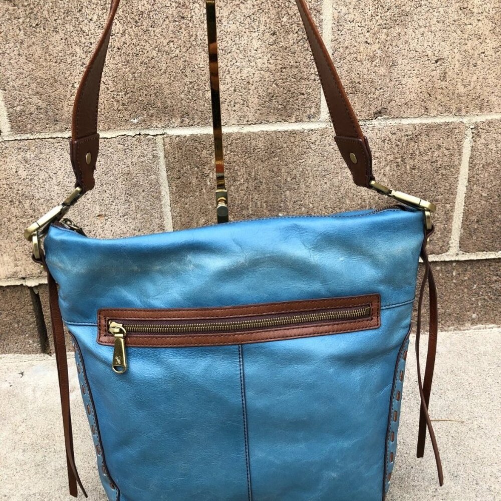 Vintage HOBO Square Shoulder Purse Hand Bag Blue Zipper Leather Designer